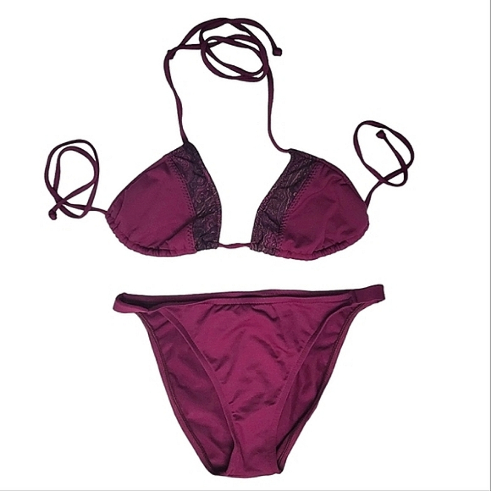 BECCA Bikini Set Swim Wine Red String Top Hipster Bottoms Med Coverage sz M